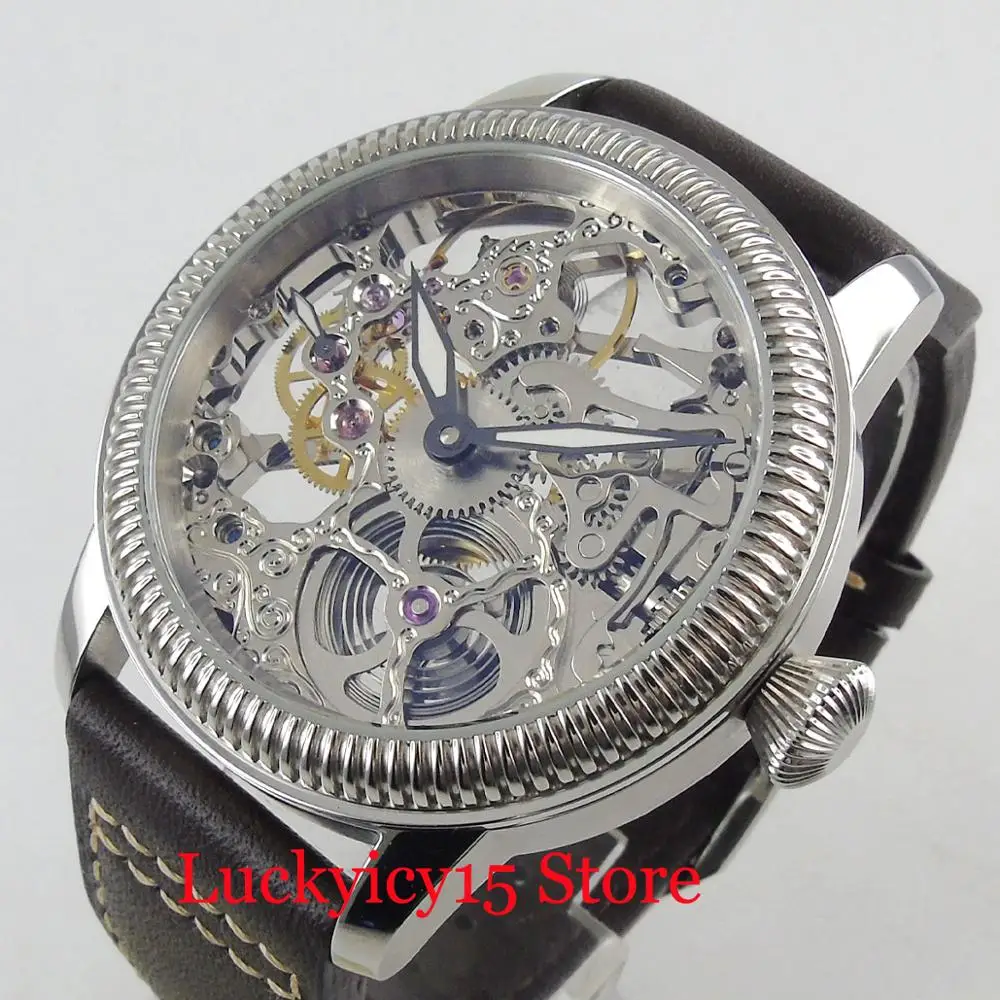 Stainless Steel With Special Design Dial 44MM Hand Winding Men's Watch With Leather Band Hollow dial
Stainless Steel With Special Design Dial 44MM Hand Winding Men's Watch With Leather Band Hollow dial