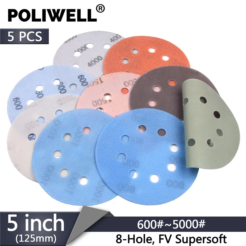 POLIWELL 5PCS 5 Inch 8-Holes FV Soft Superfine Sanding Discs 125mm 600~5000 Grit Wet and Dry Waterproof Sandpaper Abrasive Paper
POLIWELL 5PCS 5 Inch 8-Holes FV Soft Superfine Sanding Discs 125mm 600~5000 Grit Wet and Dry Waterproof Sandpaper Abrasive Paper