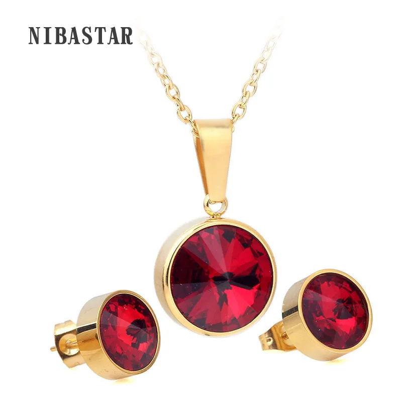 Hot Sale Simple Stainless Steel Earring Necklace Jewelry Set Gold-Color Jewelry Set Red/White/Blue Crystal Round For Women
Hot Sale Simple Stainless Steel Earring Necklace Jewelry Set Gold-Color Jewelry Set Red/White/Blue Crystal Round For Women