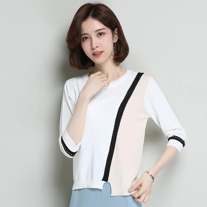 Summer T-shirt Women Korean Three-quarter Sleeve Round Collar Knitted Bottom Top Female Stripes Casual T-shirts Clothes H9314
Summer T-shirt Women Korean Three-quarter Sleeve Round Collar Knitted Bottom Top Female Stripes Casual T-shirts Clothes H9314