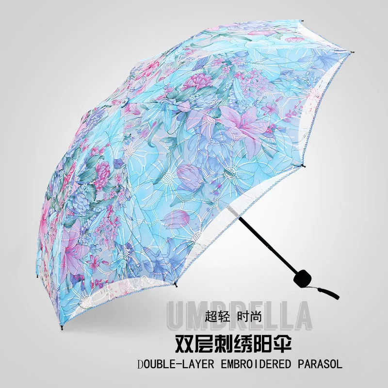 Women Hand double-layer embroidered lace three folding ultraviolet proof umbrella Sunny and rainy umbrella
Women Hand double-layer embroidered lace three folding ultraviolet proof umbrella Sunny and rainy umbrella