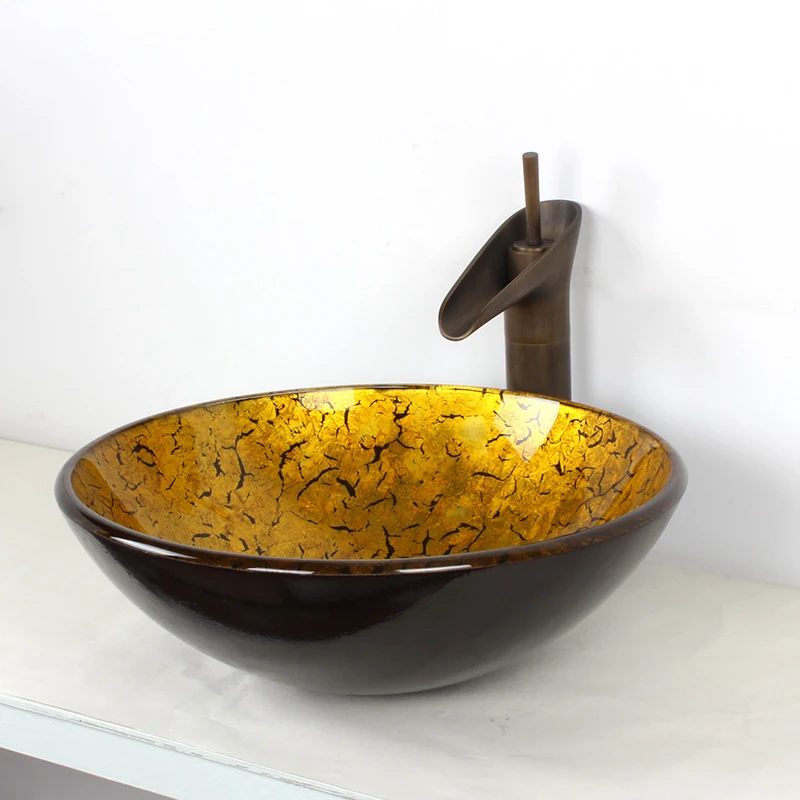 Bathroom Tempered Glass Washbasin Creative Golden Art Basin European Style Palace Retro glass vessel sinks +copper antique tap
Bathroom Tempered Glass Washbasin Creative Golden Art Basin European Style Palace Retro glass vessel sinks +copper antique tap