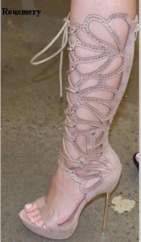 Spring New Fashion Women Open Toe Lace-up Rhinstone Design Knee High Gladiator Boots Charming Cut-out High Stiletto Heel Boots
Spring New Fashion Women Open Toe Lace-up Rhinstone Design Knee High Gladiator Boots Charming Cut-out High Stiletto Heel Boots