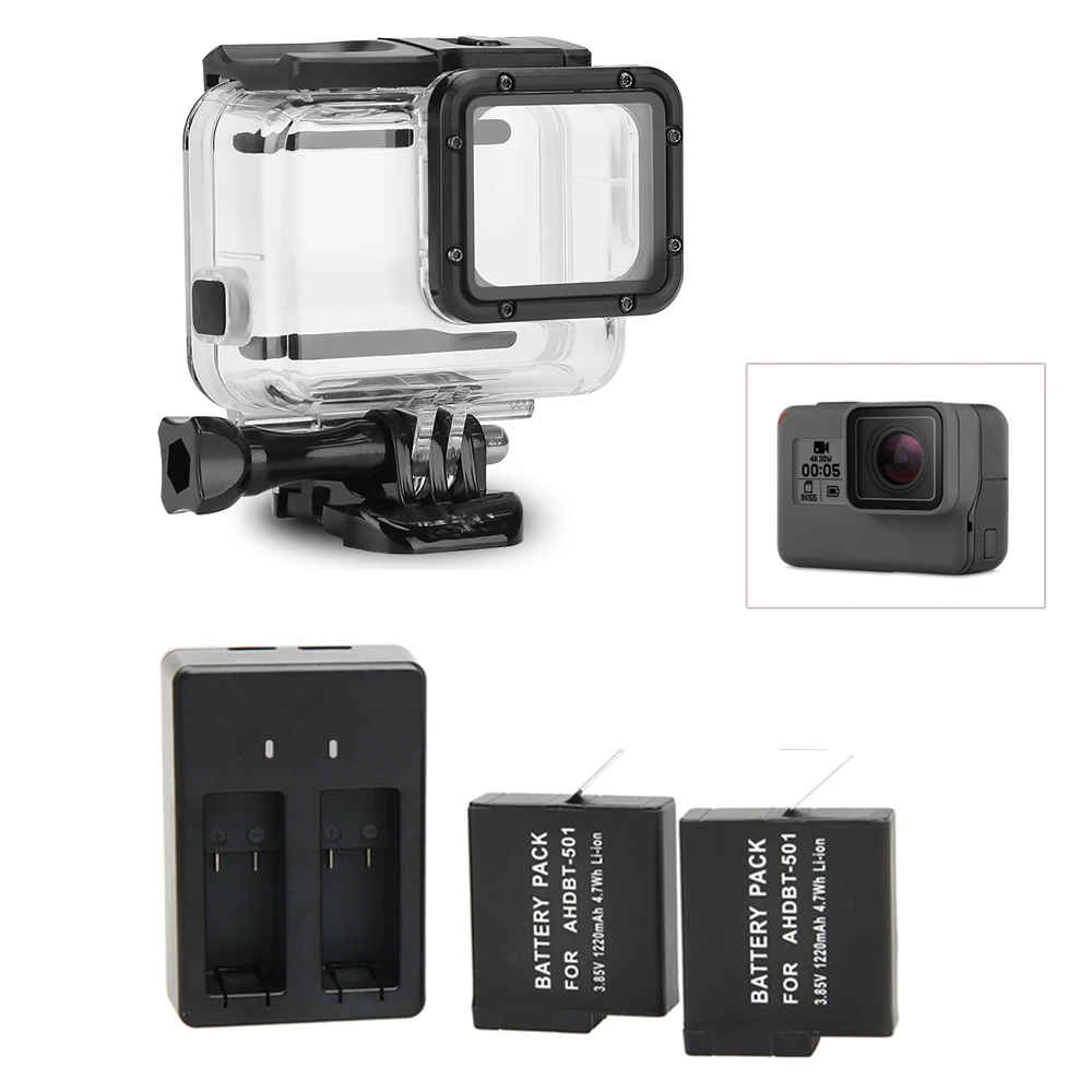 45M waterproof diving shell + battery charger + 2Pcs rechargeable battery for GoPro Hero7 6 5 black Camera accessories
45M waterproof diving shell + battery charger + 2Pcs rechargeable battery for GoPro Hero7 6 5 black Camera accessories
