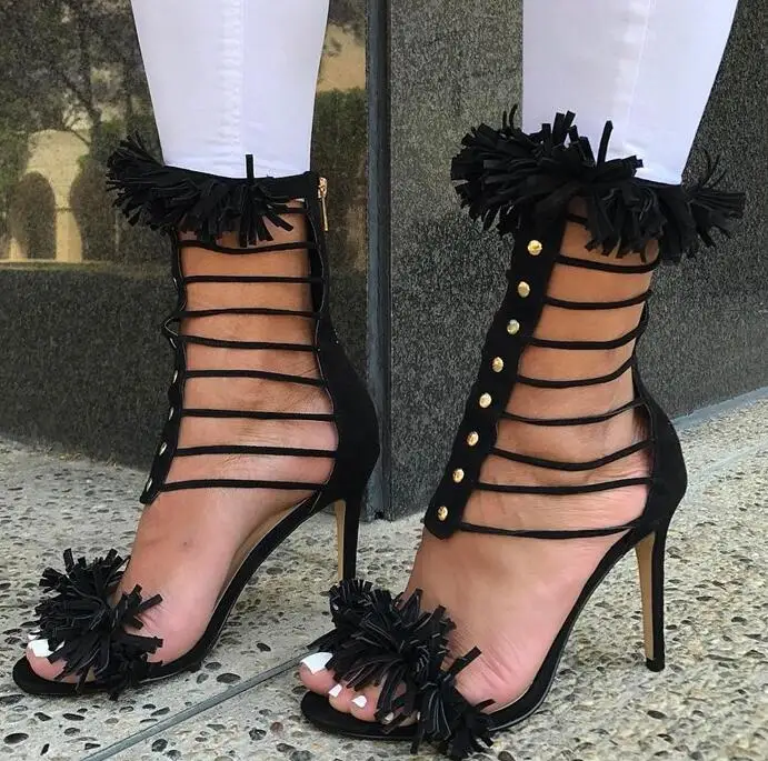 New Fashion Black Suede Leather Women Tassel Sandals Stud T-Strap Ladies Cut Out High Heels Cage Sandals Gladiator Shoes Size 42
New Fashion Black Suede Leather Women Tassel Sandals Stud T-Strap Ladies Cut Out High Heels Cage Sandals Gladiator Shoes Size 42