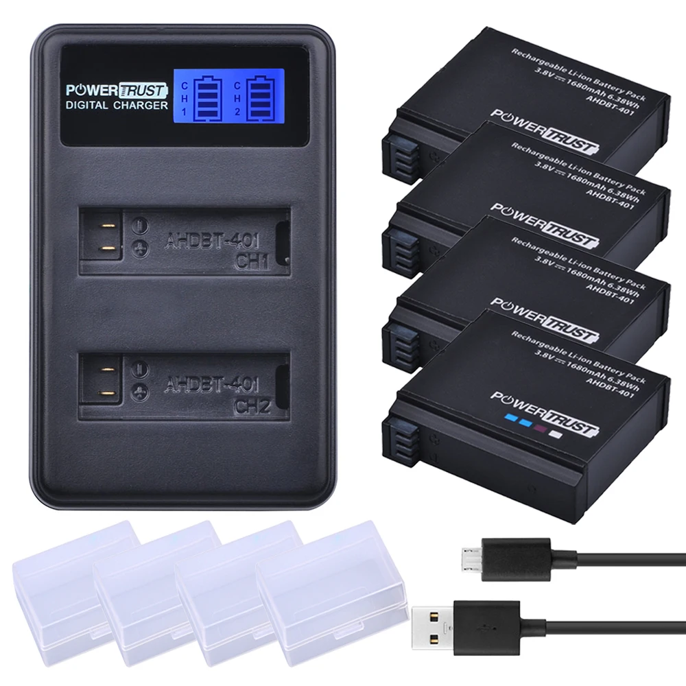 Powertrust 4PCS for Gopro Hero4 AHDBT-401 Li-ion Battery + LCD Display Dual USB Charger for Gopro Hero4 HD Camera P0019279
Powertrust 4PCS for Gopro Hero4 AHDBT-401 Li-ion Battery + LCD Display Dual USB Charger for Gopro Hero4 HD Camera P0019279