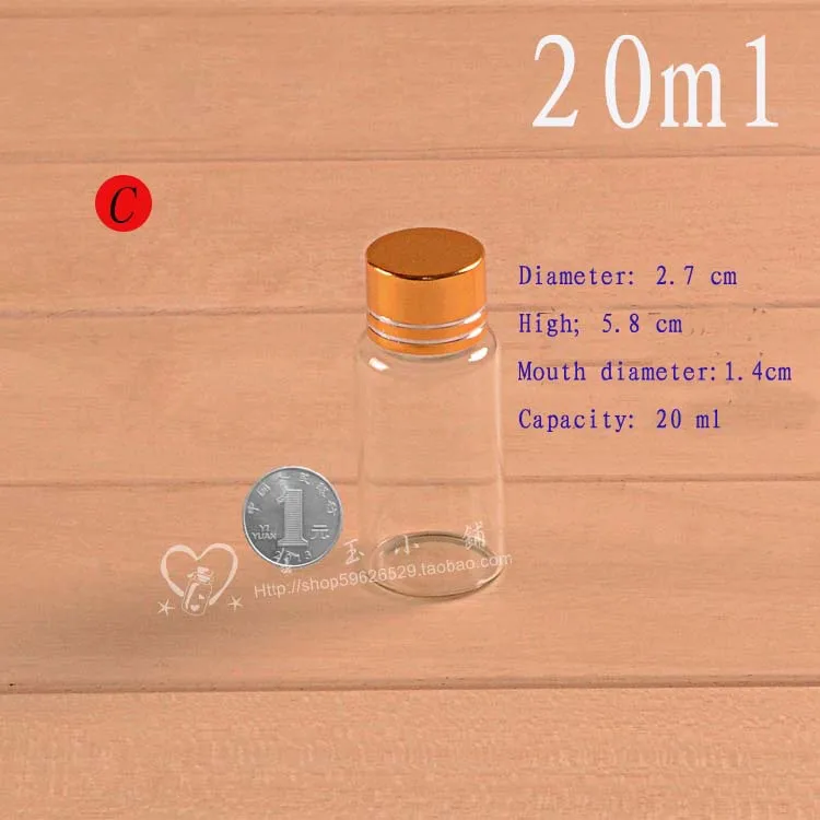 Capacity 20ml(27*58mm) 150pcs/lot Golden aluminum cap , Diameter 2.7 cm, height 5.8 cm, mouth diameter 1.4 cm,glass vial
Capacity 20ml(27*58mm) 150pcs/lot Golden aluminum cap , Diameter 2.7 cm, height 5.8 cm, mouth diameter 1.4 cm,glass vial