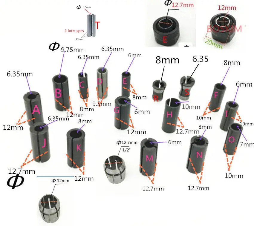 Adapter shank CNC Router tool Collet Cone 1/2" 1/4" 3/8" clamp of 6mm 6.35mm 8mm 12mm for Makita BOSCH HITACHI DeWALT MIlling
Adapter shank CNC Router tool Collet Cone 1/2" 1/4" 3/8" clamp of 6mm 6.35mm 8mm 12mm for Makita BOSCH HITACHI DeWALT MIlling