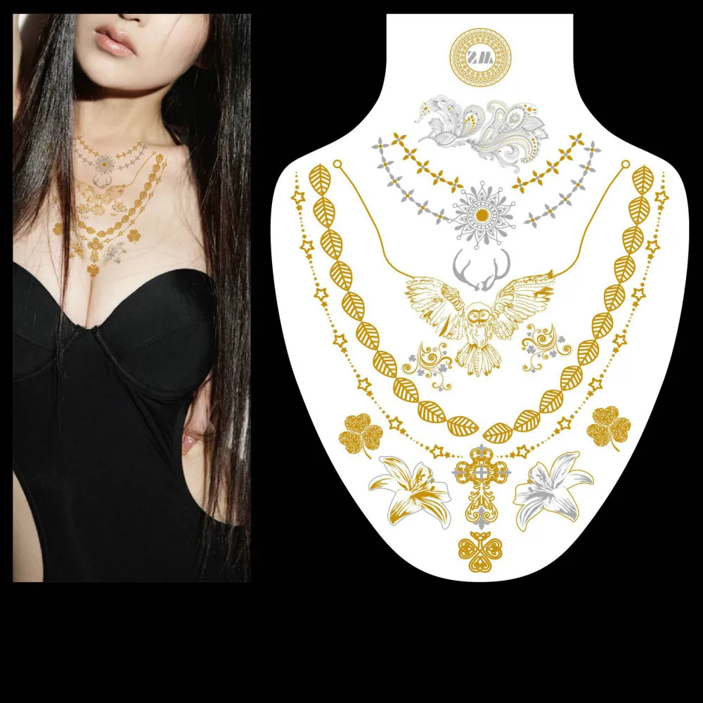 Wholesale Excellent 200pcs Unique Temporary Tattoo Luxury Necklace Tattoo Sticker Removable Gold Silver Waterproof Metal Tattoo
Wholesale Excellent 200pcs Unique Temporary Tattoo Luxury Necklace Tattoo Sticker Removable Gold Silver Waterproof Metal Tattoo
