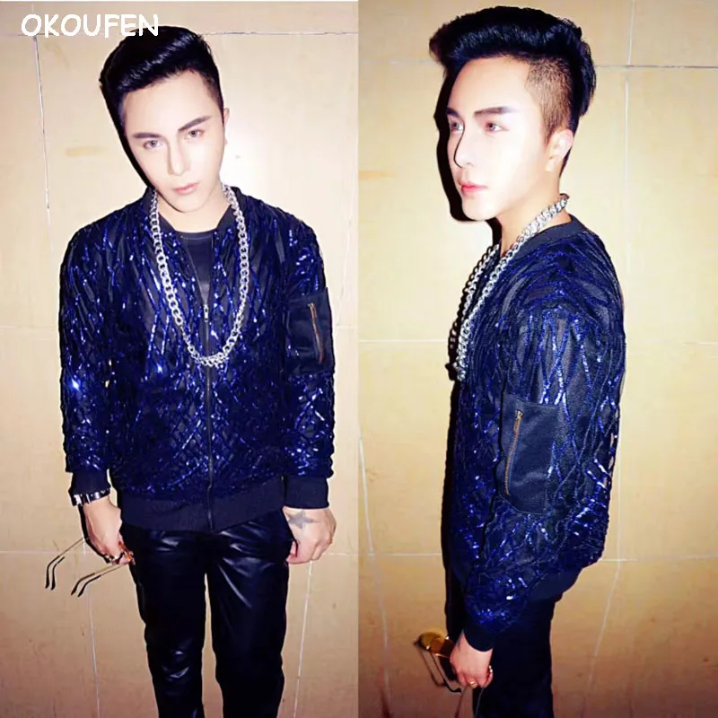 Handsome Man blue geometric Sequins baseball Jacket costumes Nightclub male singer DJ star stage performance coat
Handsome Man blue geometric Sequins baseball Jacket costumes Nightclub male singer DJ star stage performance coat