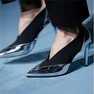 2019 Spring New Sexy Woman Sliver Black Red Pink Patchwork Pointed Toe V Shape Slip On 80 mm Spike Heels Party Pumps Big Size 43
2019 Spring New Sexy Woman Sliver Black Red Pink Patchwork Pointed Toe V Shape Slip On 80 mm Spike Heels Party Pumps Big Size 43