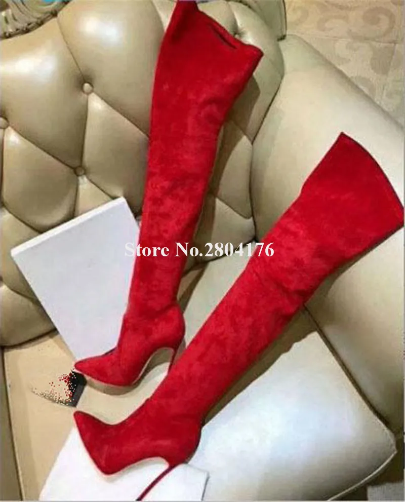 Brand Design Women Fashion Pointed Toe Suede Leather Metal Stiletto Heel Over Knee Boots Red Black Slim Long High Heel Boots
Brand Design Women Fashion Pointed Toe Suede Leather Metal Stiletto Heel Over Knee Boots Red Black Slim Long High Heel Boots