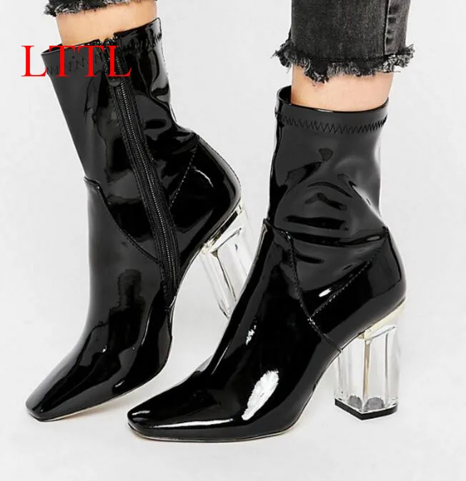 LTTL Women Patent Leather Ankle Boots Pointed Toe perspex heel 9cm Clear Chunky Heels 2018 Designer shoes
LTTL Women Patent Leather Ankle Boots Pointed Toe perspex heel 9cm Clear Chunky Heels 2018 Designer shoes