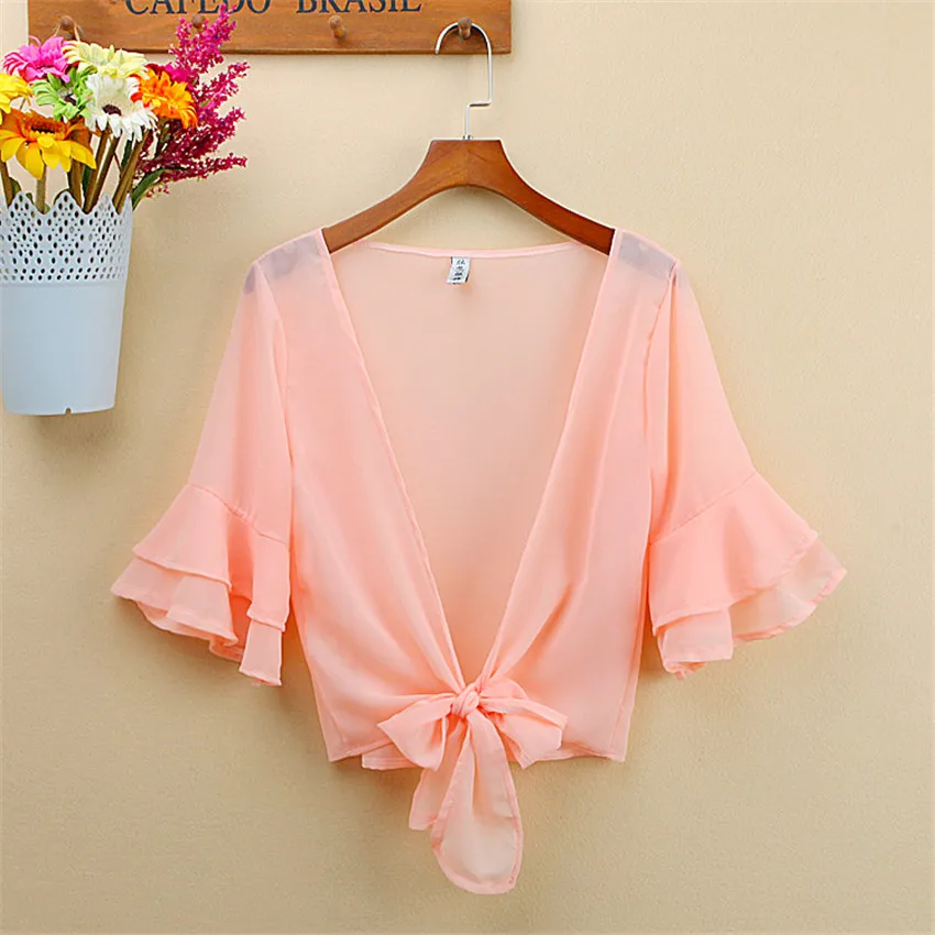 2021 Summer S-3XL Women Short Chiffon Cardigan Blouses Female Bow Tie Lady Flare Sleeve Sun Protection Clothing Beach Shirt 774
2021 Summer S-3XL Women Short Chiffon Cardigan Blouses Female Bow Tie Lady Flare Sleeve Sun Protection Clothing Beach Shirt 774