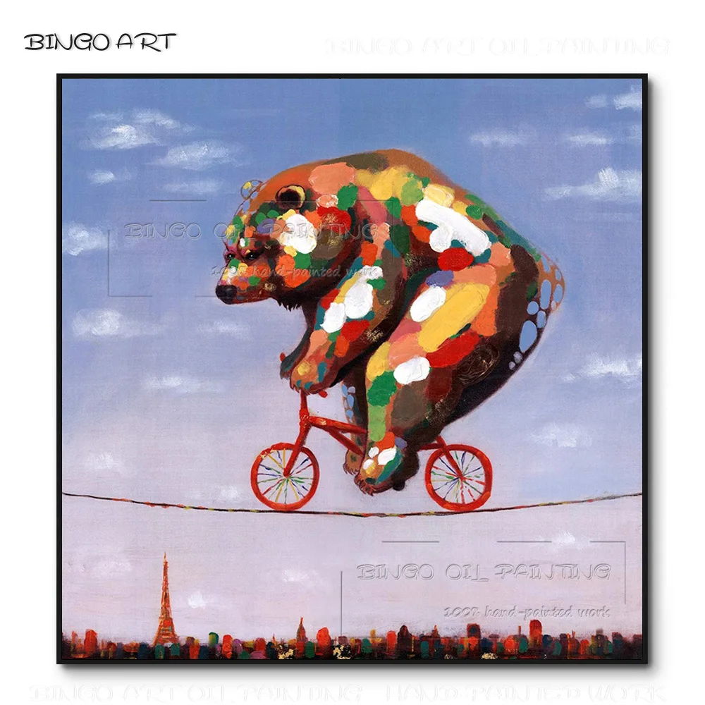 Low Price Hand-painted High Quality Modern Animal Bear Riding a Wheelbarrow Picture Handmade Funny Bear Riding Bike Oil Painting
Low Price Hand-painted High Quality Modern Animal Bear Riding a Wheelbarrow Picture Handmade Funny Bear Riding Bike Oil Painting