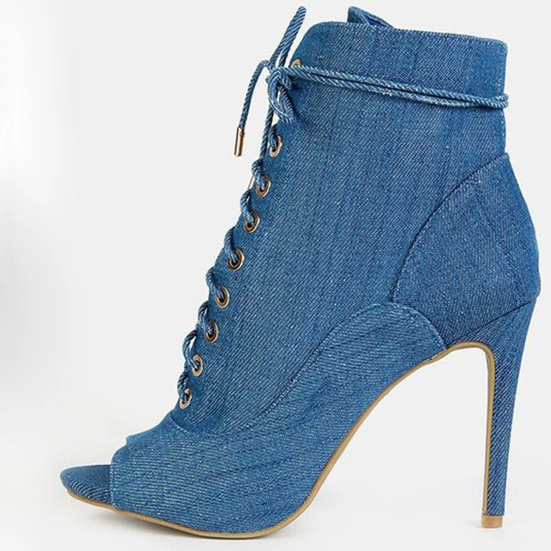 Sexy Peep toe Denim Lace-up Ankle Boots Stiletto High Heel Crosstie Women Blue Black Cowboy Cloth Short Boots Shoes Woman
Sexy Peep toe Denim Lace-up Ankle Boots Stiletto High Heel Crosstie Women Blue Black Cowboy Cloth Short Boots Shoes Woman