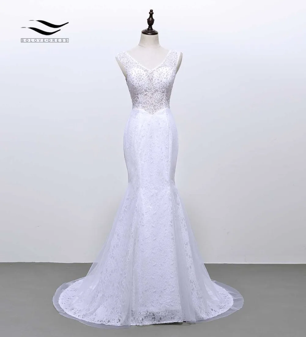 Solovedress Beads V-neck Lace Exquisite Mermaid Wedding Dress Sleeveless See-through Bridal Gowns Back with Lace-up SLW101
Solovedress Beads V-neck Lace Exquisite Mermaid Wedding Dress Sleeveless See-through Bridal Gowns Back with Lace-up SLW101
