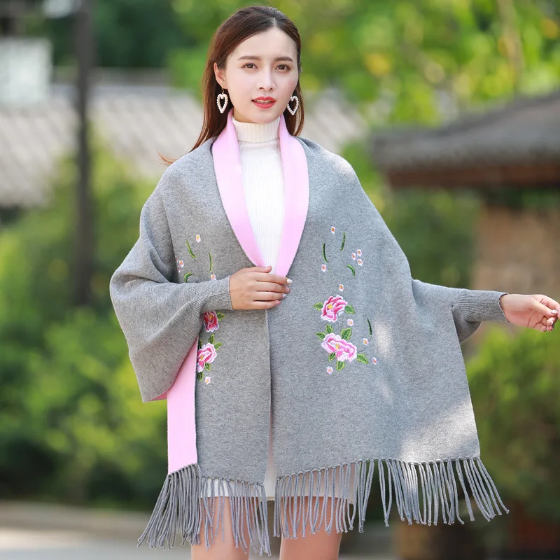 Winter Women Sweater Shawl Long Wrap Thick Soft Warm Double-face Poncho Solid Embroider Flower Women's Scarf Cape with Sleeves
Winter Women Sweater Shawl Long Wrap Thick Soft Warm Double-face Poncho Solid Embroider Flower Women's Scarf Cape with Sleeves