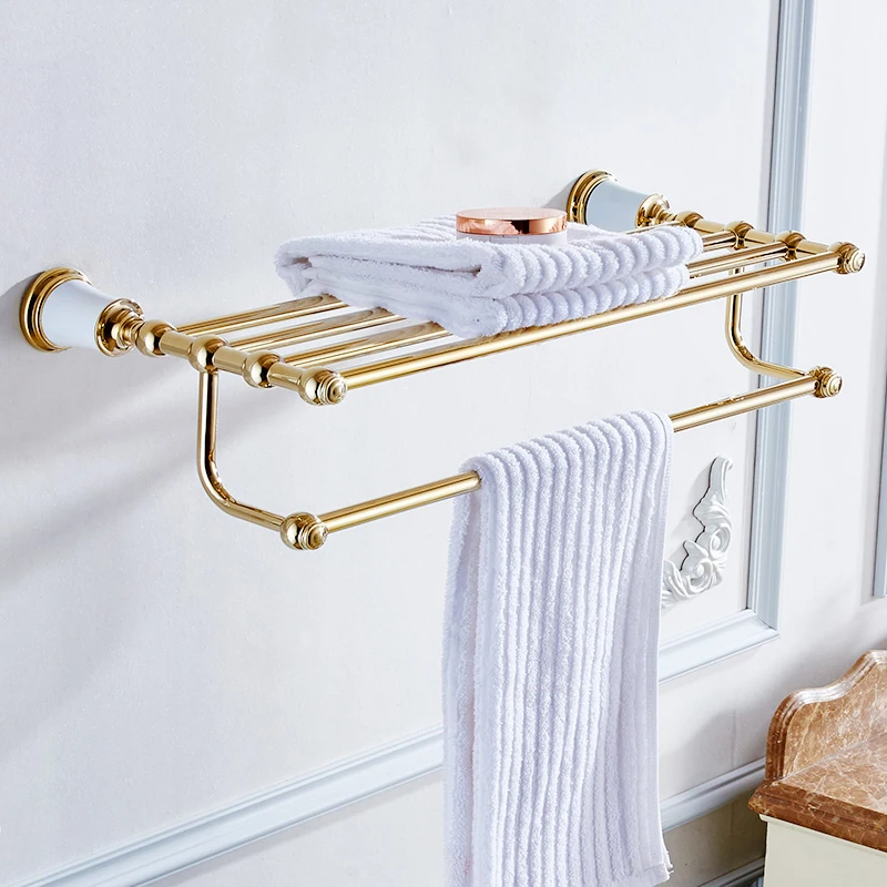 VidricShelves Golden Brass Material Wall Mounted Bath Shelf Towel Rack Holder With Towel Bar Bathroom Accessories 87308
VidricShelves Golden Brass Material Wall Mounted Bath Shelf Towel Rack Holder With Towel Bar Bathroom Accessories 87308