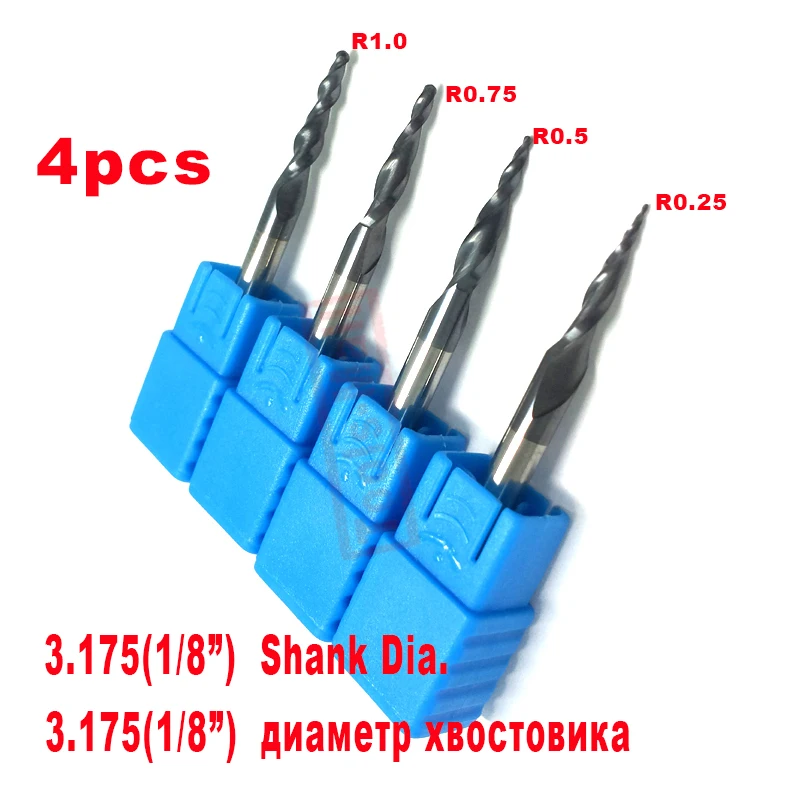 4 шт. Ассорти R0.25 & 0,5 & 0,75 & 1,0 мм с 1/8 "хвостовиком Вольфрам твердосплавные конические концевые фрезы и конический резак HRC55
4 шт. Ассорти R0.25 & 0,5 & 0,75 & 1,0 мм с 1/8 "хвостовиком Вольфрам твердосплавные конические концевые фрезы и конический резак HRC55