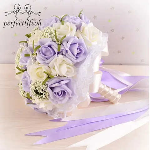 perfectlifeoh Beautiful Purple Wedding Bouquet All Bridal Flower Wedding Bouquets Artificial Pearls Flower Rose ramos de novia