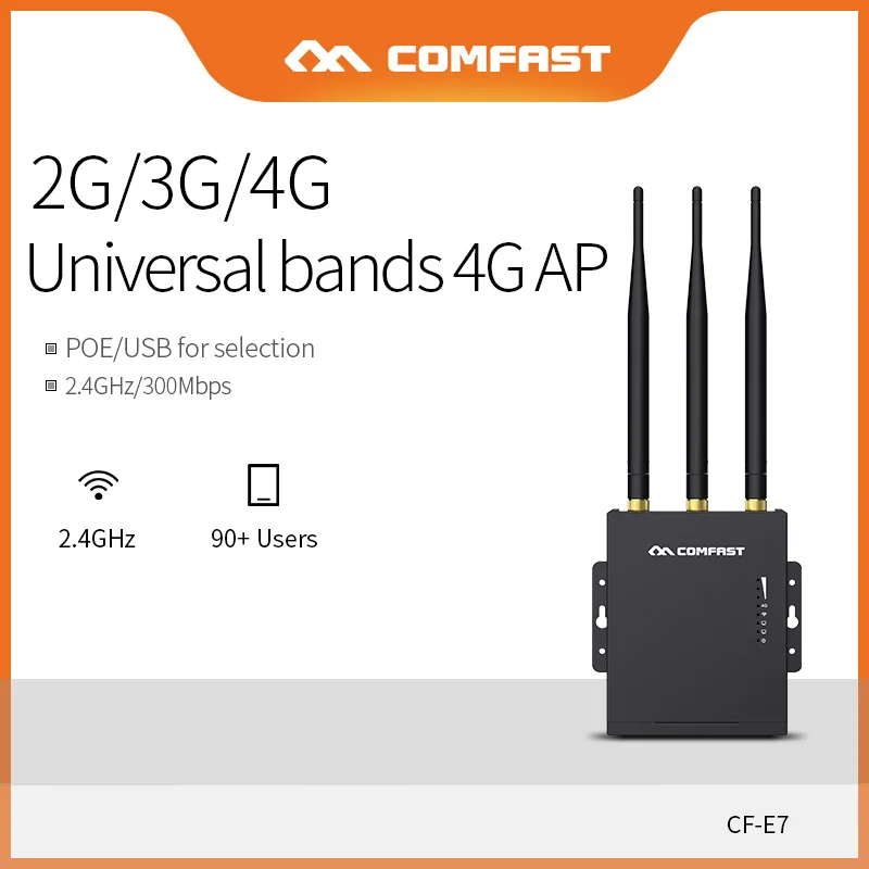 Comfast Wifi Router 4G SIM Card Waterproof Hotspot AP Outdoor CPE 2.4G LTE Wireless AP with Strong Signal Antennas Extend CF-E7
Comfast Wifi Router 4G SIM Card Waterproof Hotspot AP Outdoor CPE 2.4G LTE Wireless AP with Strong Signal Antennas Extend CF-E7