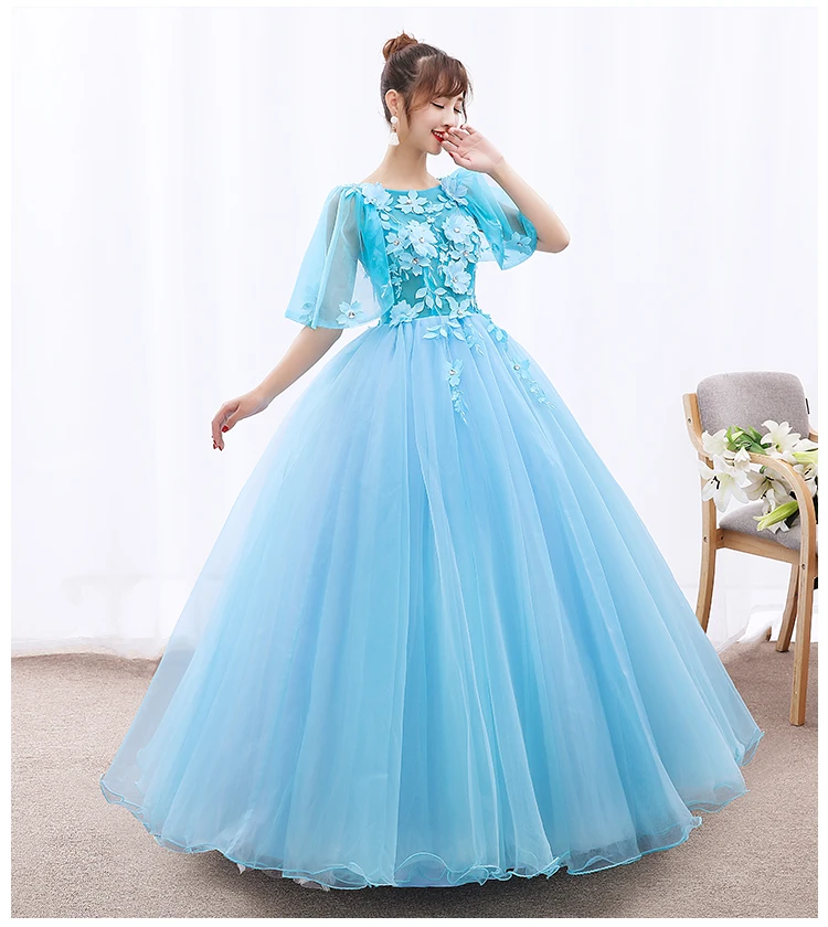 Free ship vintage sky blue flower embroidery ball gown long dress stuido/stage performance/
Free ship vintage sky blue flower embroidery ball gown long dress stuido/stage performance/