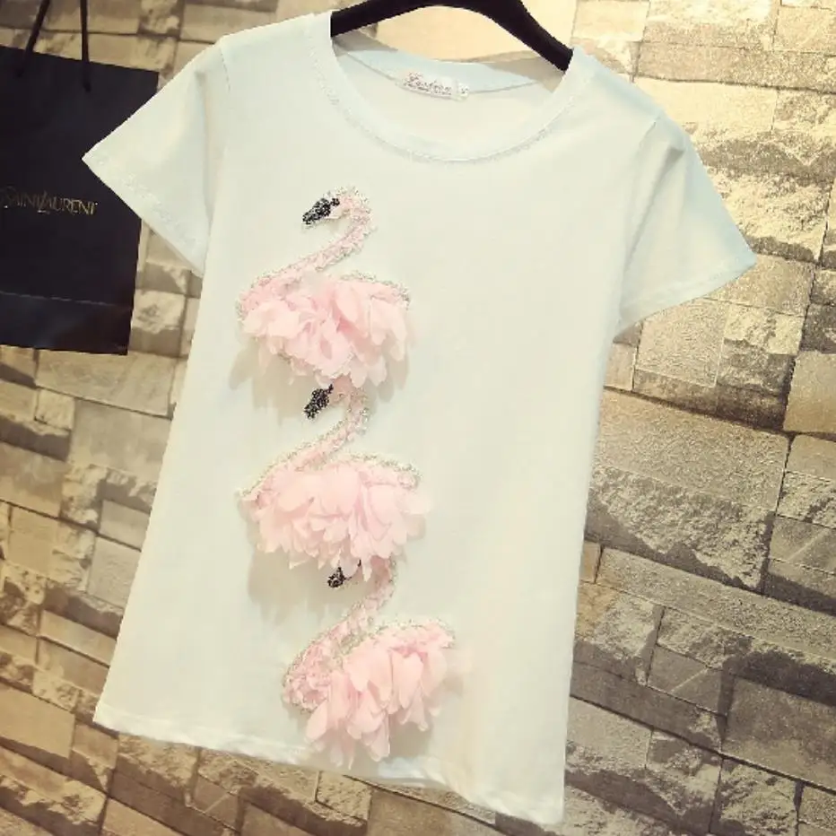 2022 summer new fashion embroidery O-NECK powder swan feather Slim short-sleeved T-shirt women 
2022 summer new fashion embroidery O-NECK powder swan feather Slim short-sleeved T-shirt women