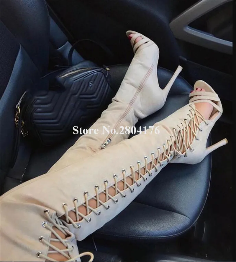 Brand Design Women Peep Toe Suede Leather Thin Heel Over Knee Gladiator Boots Side Cut-out Lace-up High Heel Long Boots
Brand Design Women Peep Toe Suede Leather Thin Heel Over Knee Gladiator Boots Side Cut-out Lace-up High Heel Long Boots