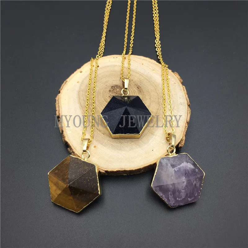 MY0803 Hexagon Stone Pendant Necklace,Tiger Eye Amethysts Aventurine Blue Sand Pink Crystal Charm Gold Color Chain Necklace
MY0803 Hexagon Stone Pendant Necklace,Tiger Eye Amethysts Aventurine Blue Sand Pink Crystal Charm Gold Color Chain Necklace