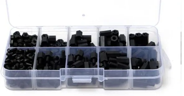 300pcs/lot M3 plastic nylon black spacer male to female standoff nylon phillips screws hex nut set assortment kit with box139
300pcs/lot M3 plastic nylon black spacer male to female standoff nylon phillips screws hex nut set assortment kit with box139