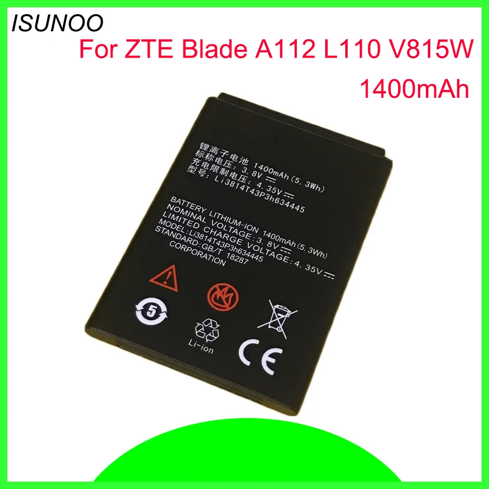 Аккумулятор ISUNOO 1400 мА · ч для ZTE Blade A112 L110 мобильный телефон, Li3814T43P3h634445
Аккумулятор ISUNOO 1400 мА · ч для ZTE Blade A112 L110 мобильный телефон, Li3814T43P3h634445