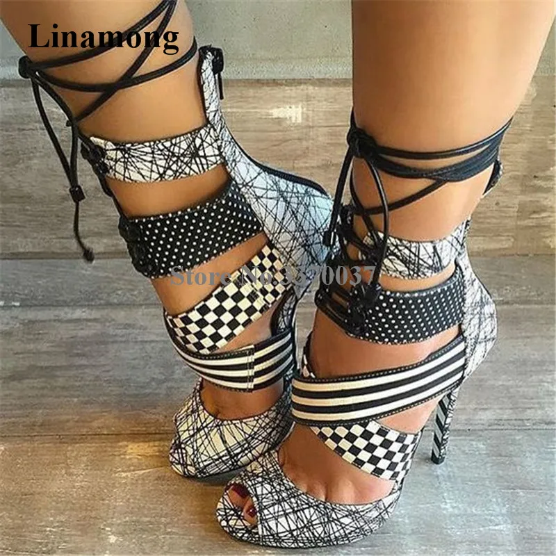 Women Fashion Style Peep Toe Suede Leather Stiletto Heel Gladiator Sandals Lace-up White-black Ink Printed High Heel Sandals
Women Fashion Style Peep Toe Suede Leather Stiletto Heel Gladiator Sandals Lace-up White-black Ink Printed High Heel Sandals