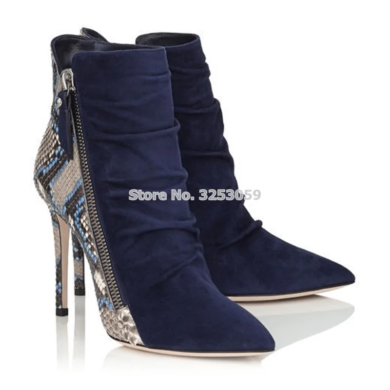 ALMUDENA Ladies Top Brand Snakeskin Pointed Toe High Heel Ankle Boots Royal Blue Folded Suede Patchwork Pumps Banquet Shoes
ALMUDENA Ladies Top Brand Snakeskin Pointed Toe High Heel Ankle Boots Royal Blue Folded Suede Patchwork Pumps Banquet Shoes