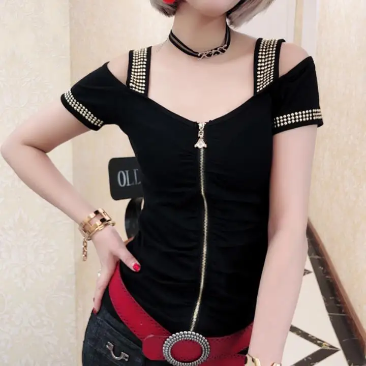 Short-sleeved women 2019 summer off the shoulder strapless zipper slash nack hot drilling top tees plus size 3XL
Short-sleeved women 2019 summer off the shoulder strapless zipper slash nack hot drilling top tees plus size 3XL
