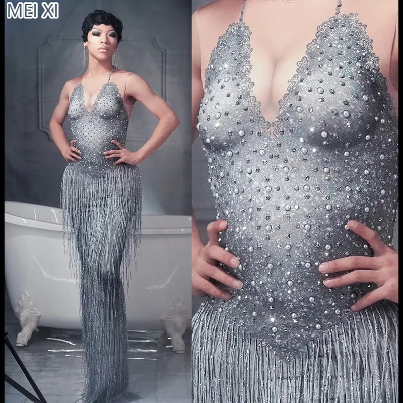 Sexy grey lace printed pearl rhinestone fringed dress birthday celebration party evening dress concert ball singer costume
Sexy grey lace printed pearl rhinestone fringed dress birthday celebration party evening dress concert ball singer costume
