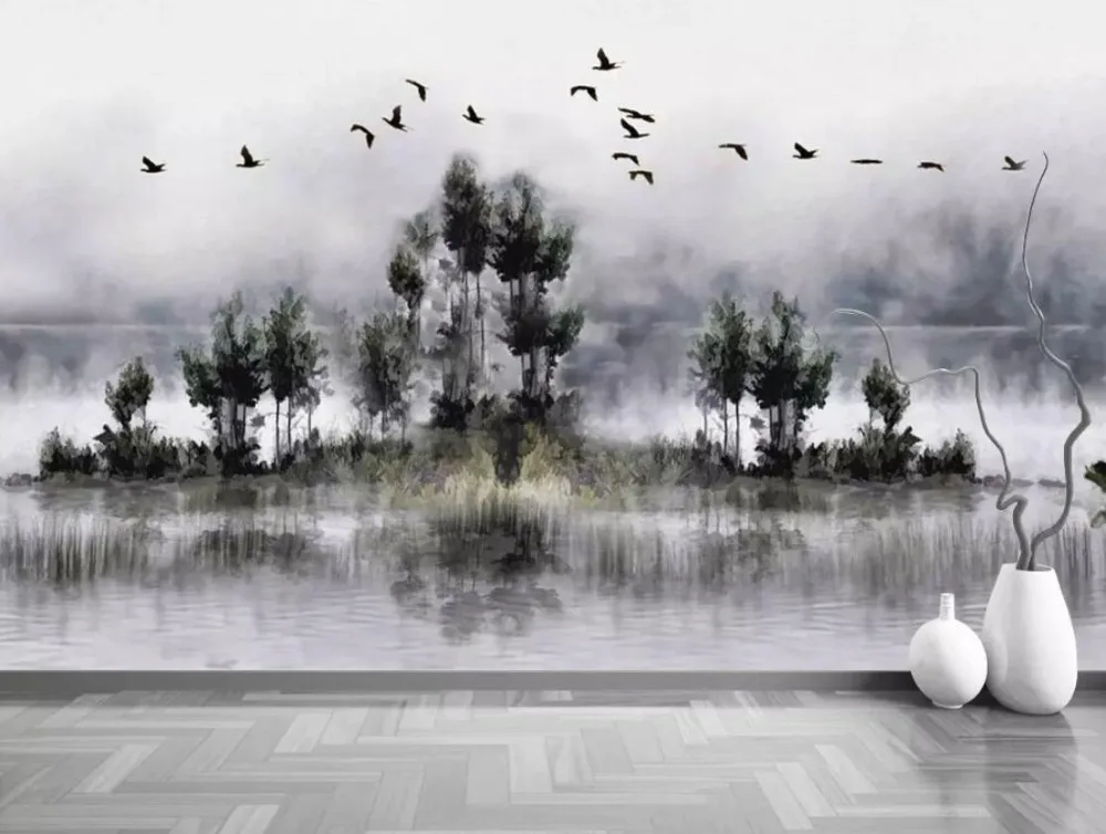 Modern simple hand-painted smoke forest birds background wall painting decoration
Modern simple hand-painted smoke forest birds background wall painting decoration