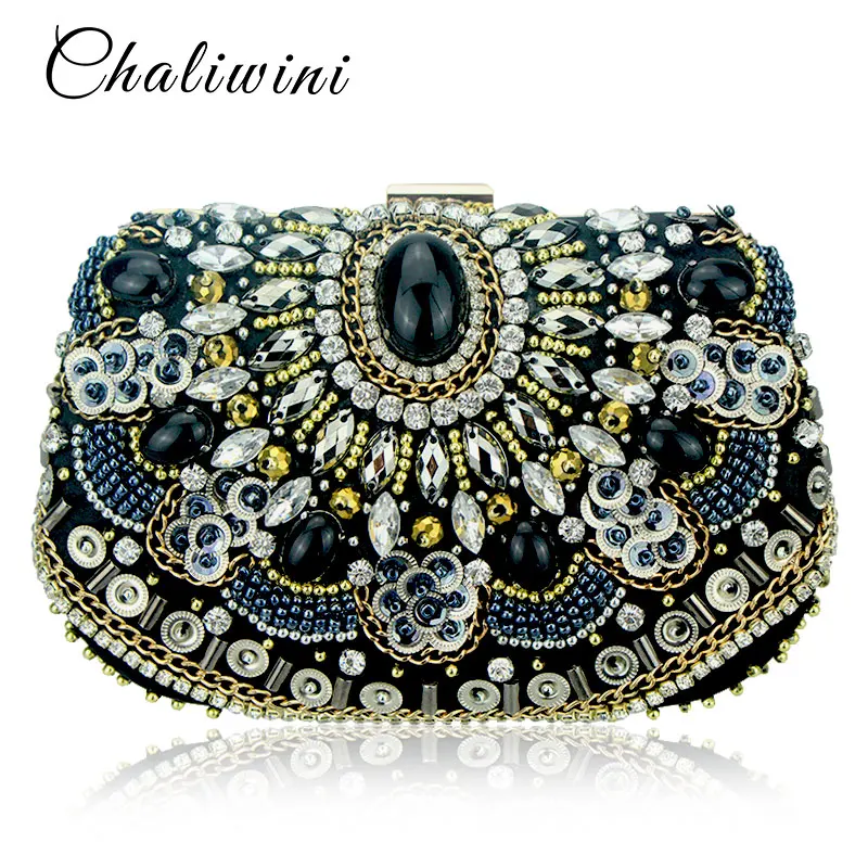 Vintage Embroidery Women Chain Accessory Black Clutches Party Wedding Evening Bags One Side Diamonds Purse Beaded Clutch bags
Vintage Embroidery Women Chain Accessory Black Clutches Party Wedding Evening Bags One Side Diamonds Purse Beaded Clutch bags