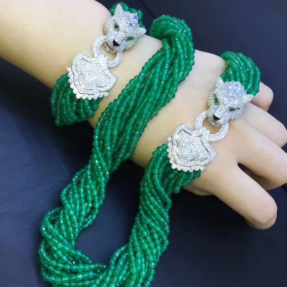 Green color natural semi-precious stone jewelry set necklace and bracelet 925 sterling silver with cubic zircon leopard lock
Green color natural semi-precious stone jewelry set necklace and bracelet 925 sterling silver with cubic zircon leopard lock