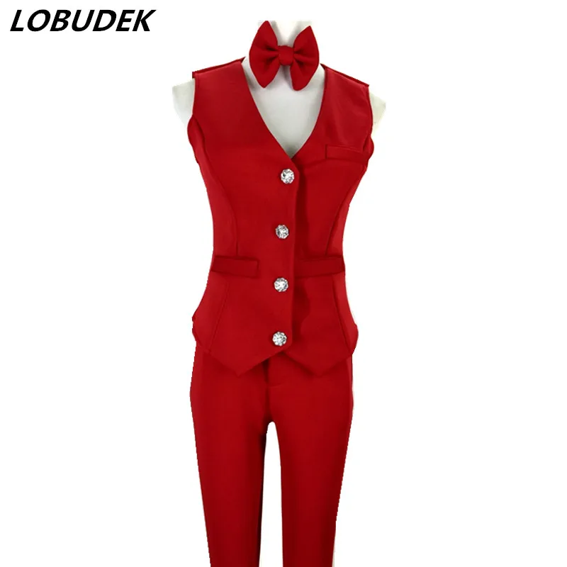 Female Jazz Dance Clothes Red Yellow Vest Pants Bow Slim Outfits Bar Nightclub Waiter Singer Dancer Performance Costume
Female Jazz Dance Clothes Red Yellow Vest Pants Bow Slim Outfits Bar Nightclub Waiter Singer Dancer Performance Costume