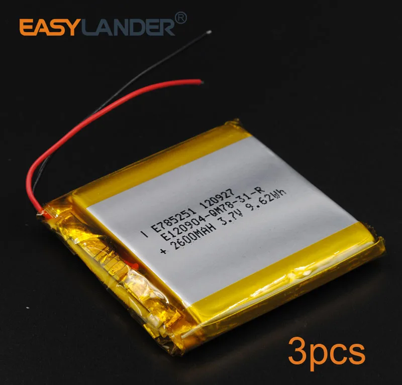 3pcs/Lot 3.7V 2600mAh 785251 Rechargeable li Polymer Li-ion Battery For Bluetooth Notebook Tablet PC Consumer electronics DVD
3pcs/Lot 3.7V 2600mAh 785251 Rechargeable li Polymer Li-ion Battery For Bluetooth Notebook Tablet PC Consumer electronics DVD