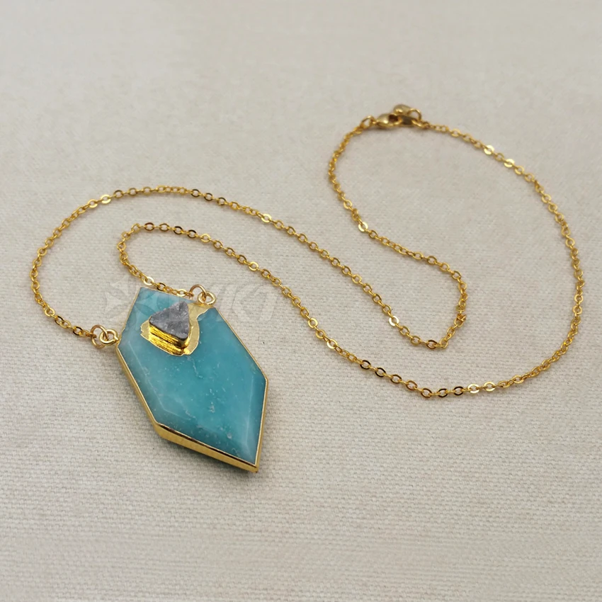 WT-N1067 Wholesale natural six-sided hexagon Amazonite necklace With gold plating Tiny Druzy Quartz Charms Statement Gems
WT-N1067 Wholesale natural six-sided hexagon Amazonite necklace With gold plating Tiny Druzy Quartz Charms Statement Gems