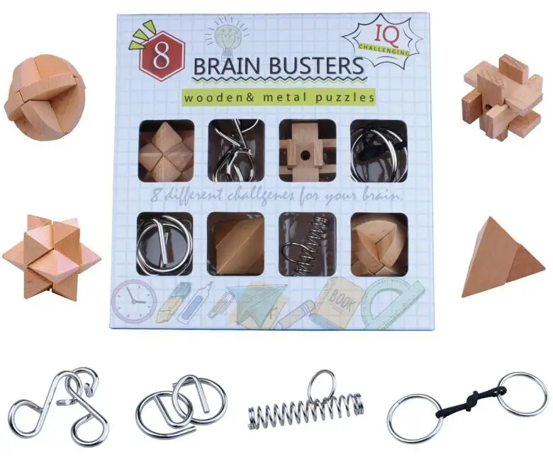 8PCS/Set IQ Wooden Puzzle Metal Brain Teaser Puzzles Traditional Educational Game Box Gift for Children
8PCS/Set IQ Wooden Puzzle Metal Brain Teaser Puzzles Traditional Educational Game Box Gift for Children