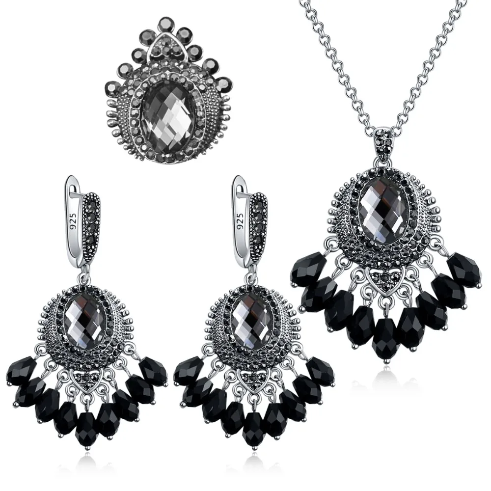 Ajojewel Bohemian Vintage Black Tassel Jewelry Sets For Women Antique Silver-plated Gray Crystal Ring Earrings And Necklace
Ajojewel Bohemian Vintage Black Tassel Jewelry Sets For Women Antique Silver-plated Gray Crystal Ring Earrings And Necklace