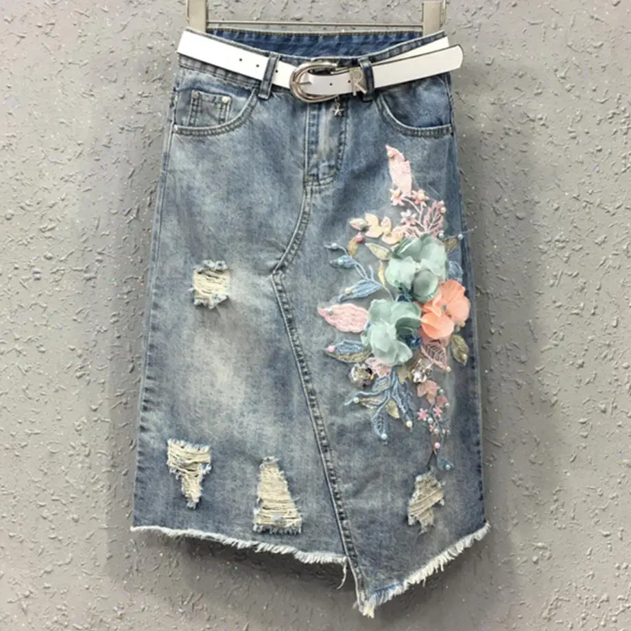 summer Casual Fringe flower Embroidery jeans Skirt Women irregular Slim High Waist Denim a-line Skirt
summer Casual Fringe flower Embroidery jeans Skirt Women irregular Slim High Waist Denim a-line Skirt