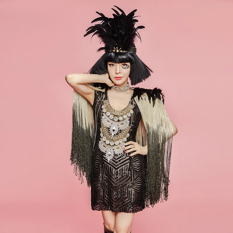 Women's Sexy Tassel Sequins Dress Black Feather Headdress Shining Rhinestones Stage Outfit Nightclub Show Birthday Party Dresses
Women's Sexy Tassel Sequins Dress Black Feather Headdress Shining Rhinestones Stage Outfit Nightclub Show Birthday Party Dresses