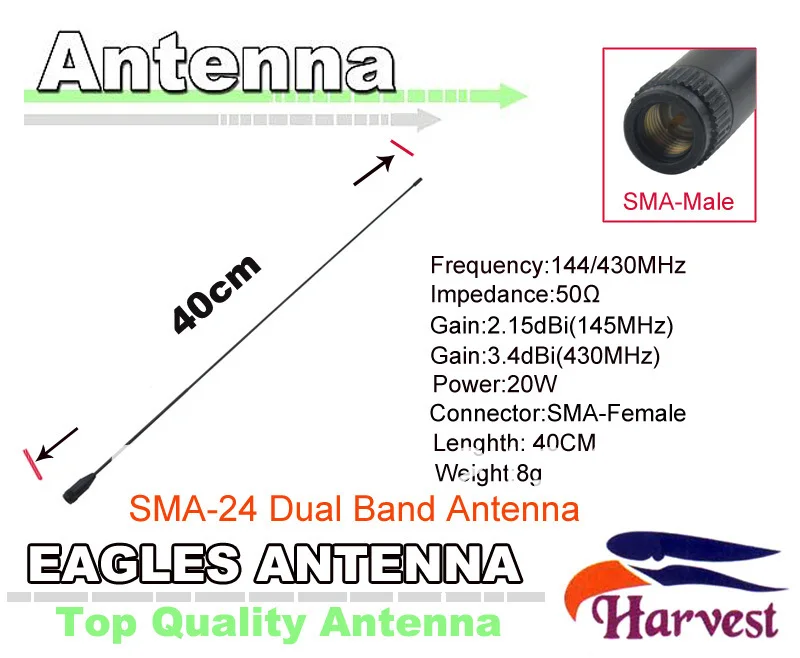 SMA-Male Connector Original Harvest SMA-24 Dual Band 144/430MHz 2.15dBi(145MHz)/3.4dBi(430MHz)Commercial Handy eagles Antenna
SMA-Male Connector Original Harvest SMA-24 Dual Band 144/430MHz 2.15dBi(145MHz)/3.4dBi(430MHz)Commercial Handy eagles Antenna