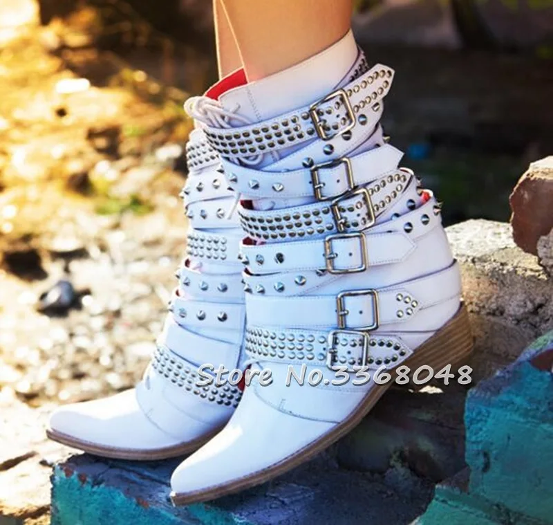 Cool Spring Autumn Height Increasing White Leather Ankle Boots Rivets Studded Square Low Heel Pointed Toe Woman Buckle Boots
Cool Spring Autumn Height Increasing White Leather Ankle Boots Rivets Studded Square Low Heel Pointed Toe Woman Buckle Boots