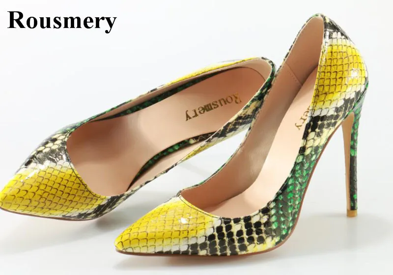 High Quality Women Fashion Shining Snake Leather Pointed Toe Pumps Patchwork Color High Heels Formal Dress Shoes
High Quality Women Fashion Shining Snake Leather Pointed Toe Pumps Patchwork Color High Heels Formal Dress Shoes
