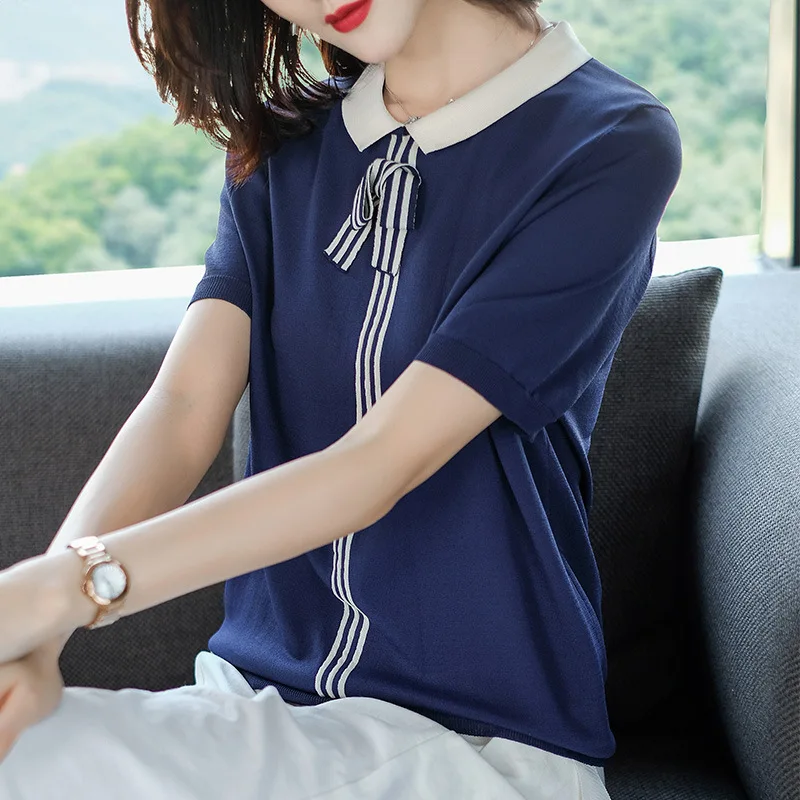 Summer Ice Silk Knitted T-shirt Women Fashion Short Sleeve Peter Pan Collar Tops Korean Loose Thin Striped Casual T-shirts H9271
Summer Ice Silk Knitted T-shirt Women Fashion Short Sleeve Peter Pan Collar Tops Korean Loose Thin Striped Casual T-shirts H9271